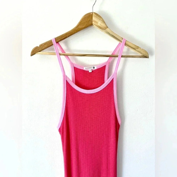 Sundry Colorblock Ribbed Mini Dress in Hibiscus & Neon Pink Trim Size Small - Picture 10 of 13
